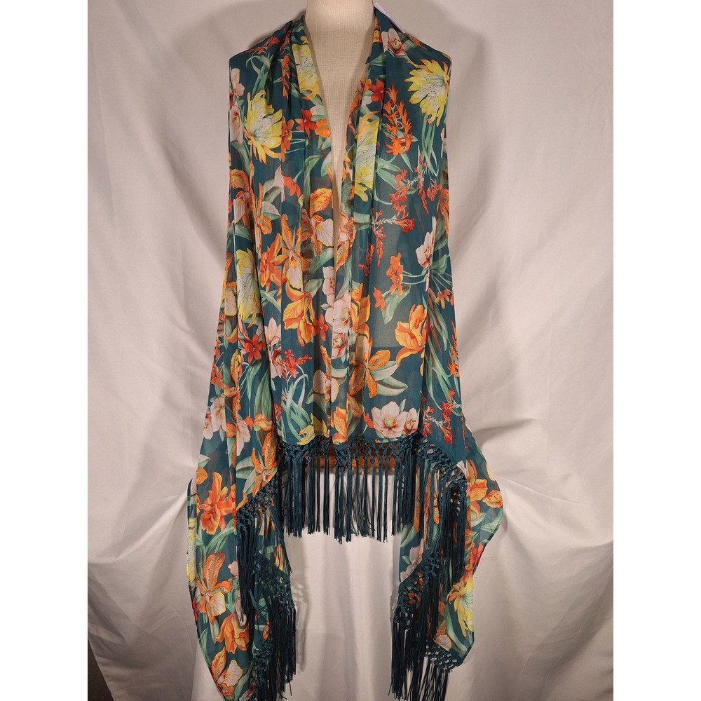 White House Black Market Teal Floral Fringe Scarf‎ Shawl Wrap